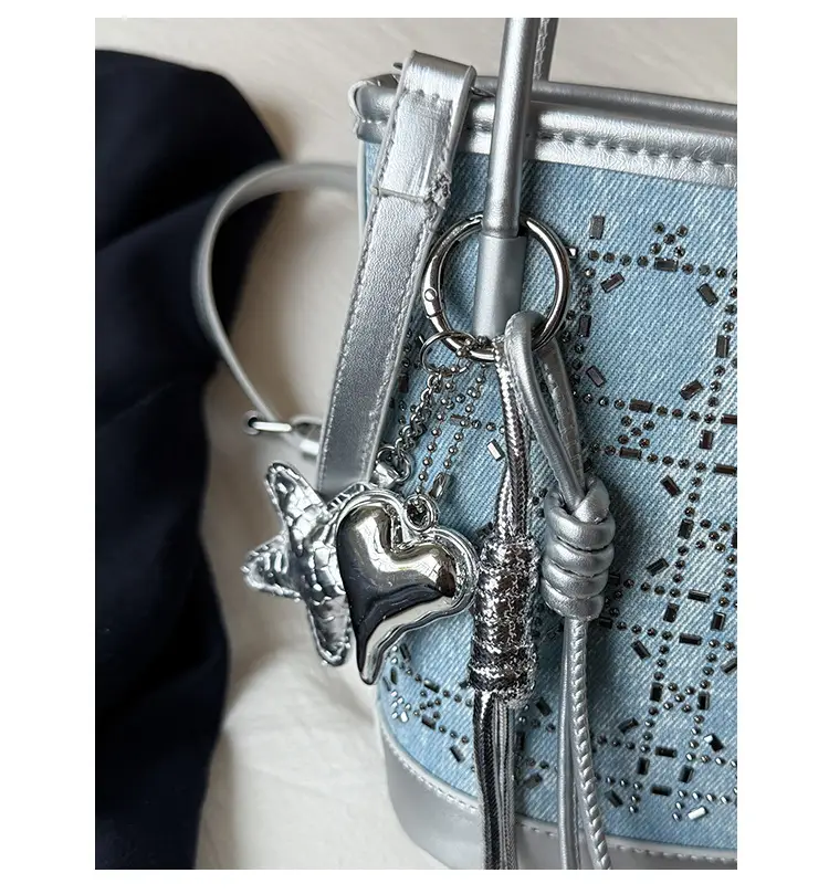 Diamond Encrusted Blue Bucket Bag with One Shoulder Handle — feature 43