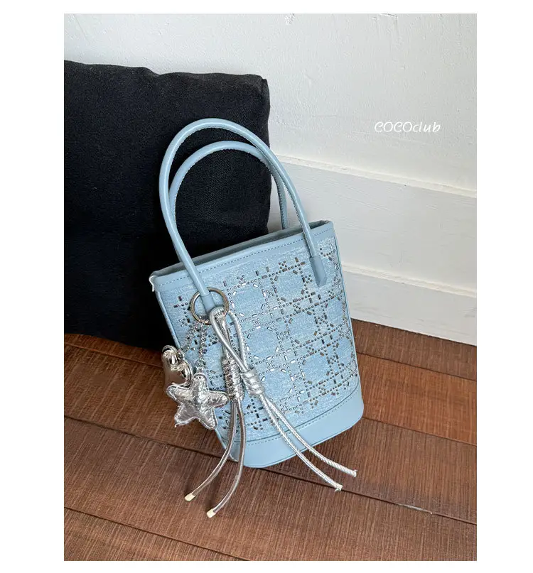Diamond Encrusted Blue Bucket Bag with One Shoulder Handle — feature 5