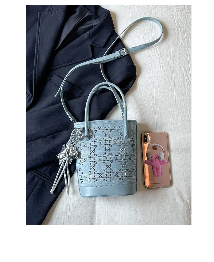 Diamond Encrusted Blue Bucket Bag with One Shoulder Handle — feature 6