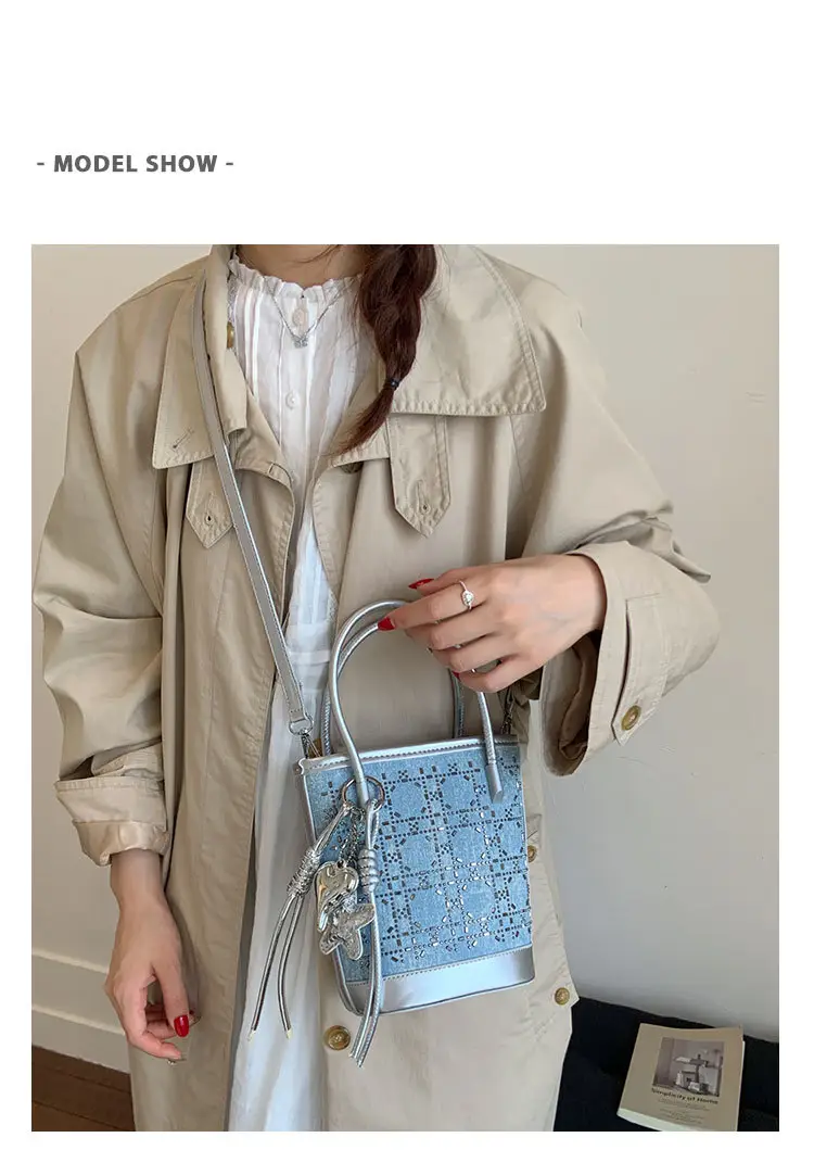 Diamond Encrusted Blue Bucket Bag with One Shoulder Handle — feature 7