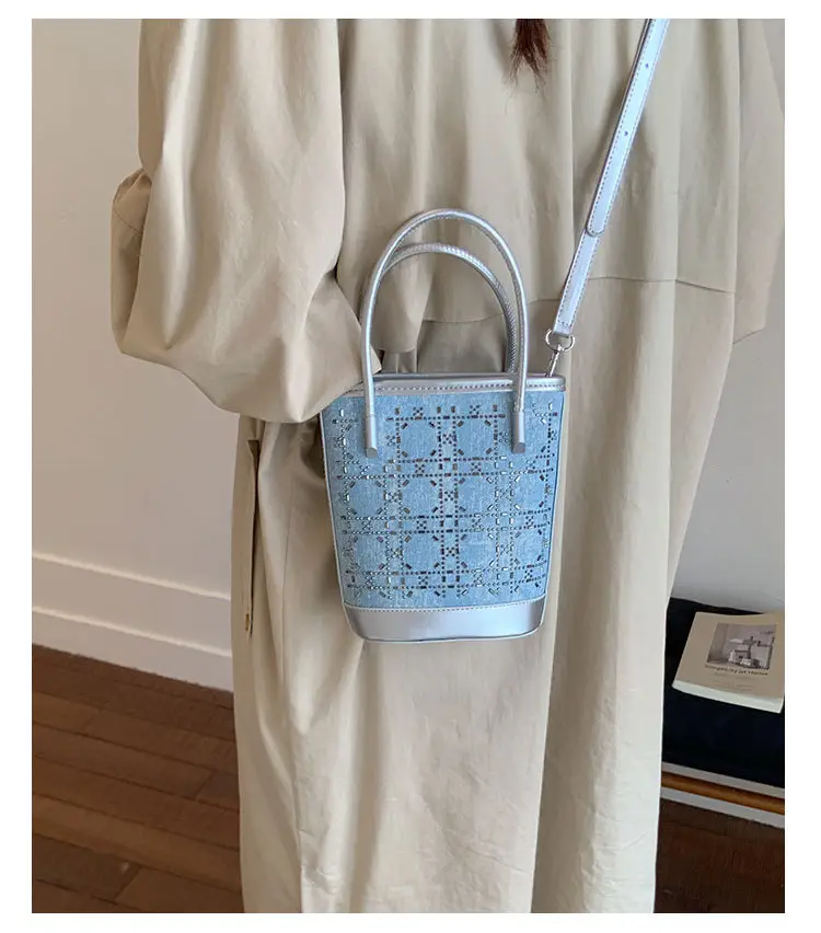 Diamond Encrusted Blue Bucket Bag with One Shoulder Handle — feature 8