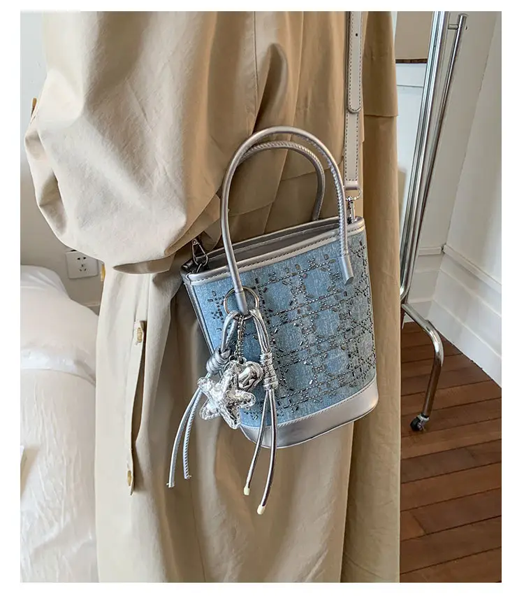 Diamond Encrusted Blue Bucket Bag with One Shoulder Handle — feature 9