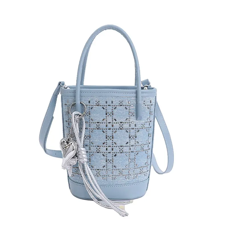 Diamond Encrusted Blue Bucket Bag with One Shoulder Handle