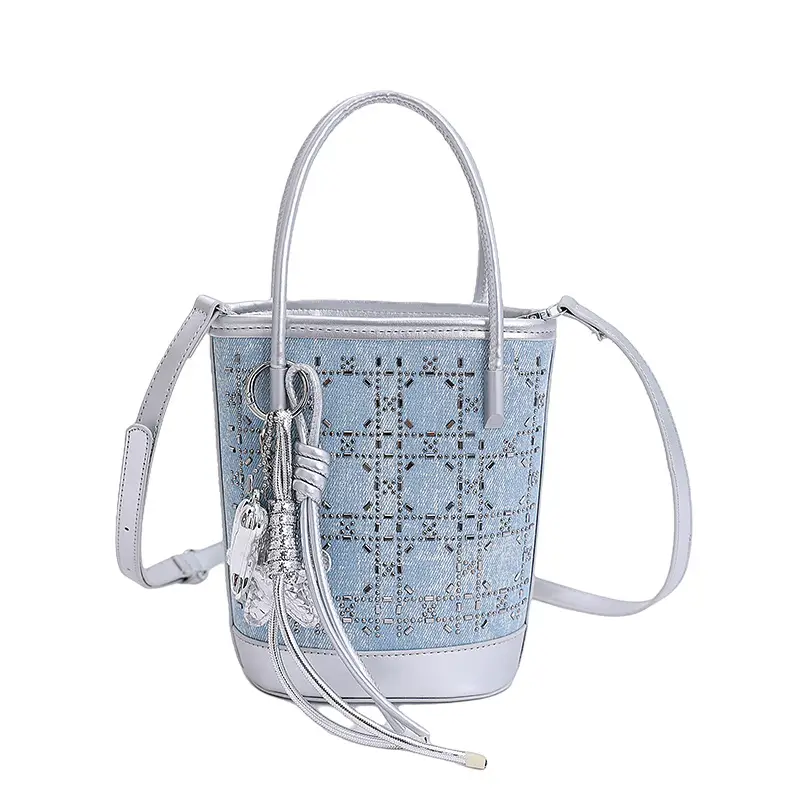 Diamond Encrusted Blue Bucket Bag with One Shoulder Handle