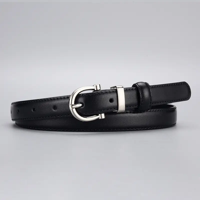 Women's Black Leather Belt with Silver Ring - Image 4