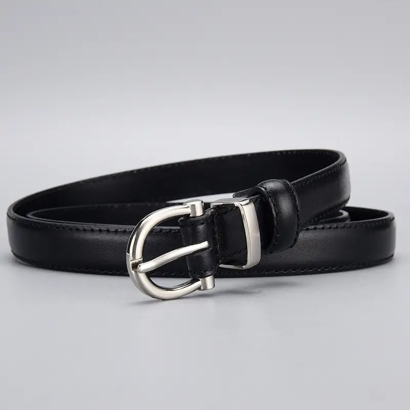 Women's Black Leather Belt with Silver Ring - Image 5