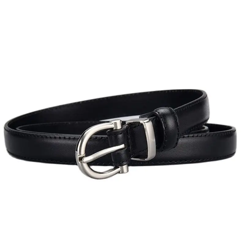 Women's Black Leather Belt with Silver Ring - Image 7