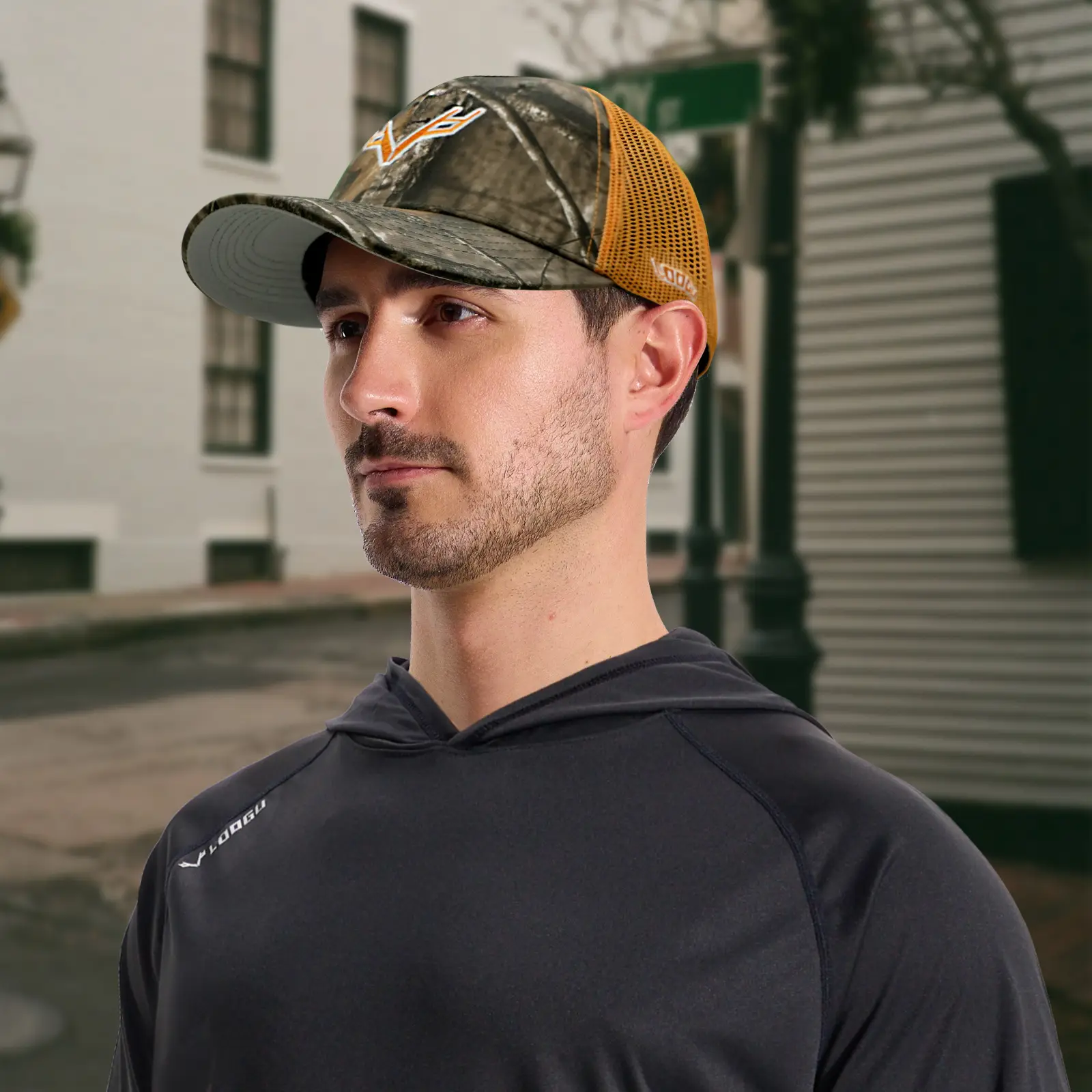 Camouflage V-Logo Baseball Cap with Pink Mesh Back