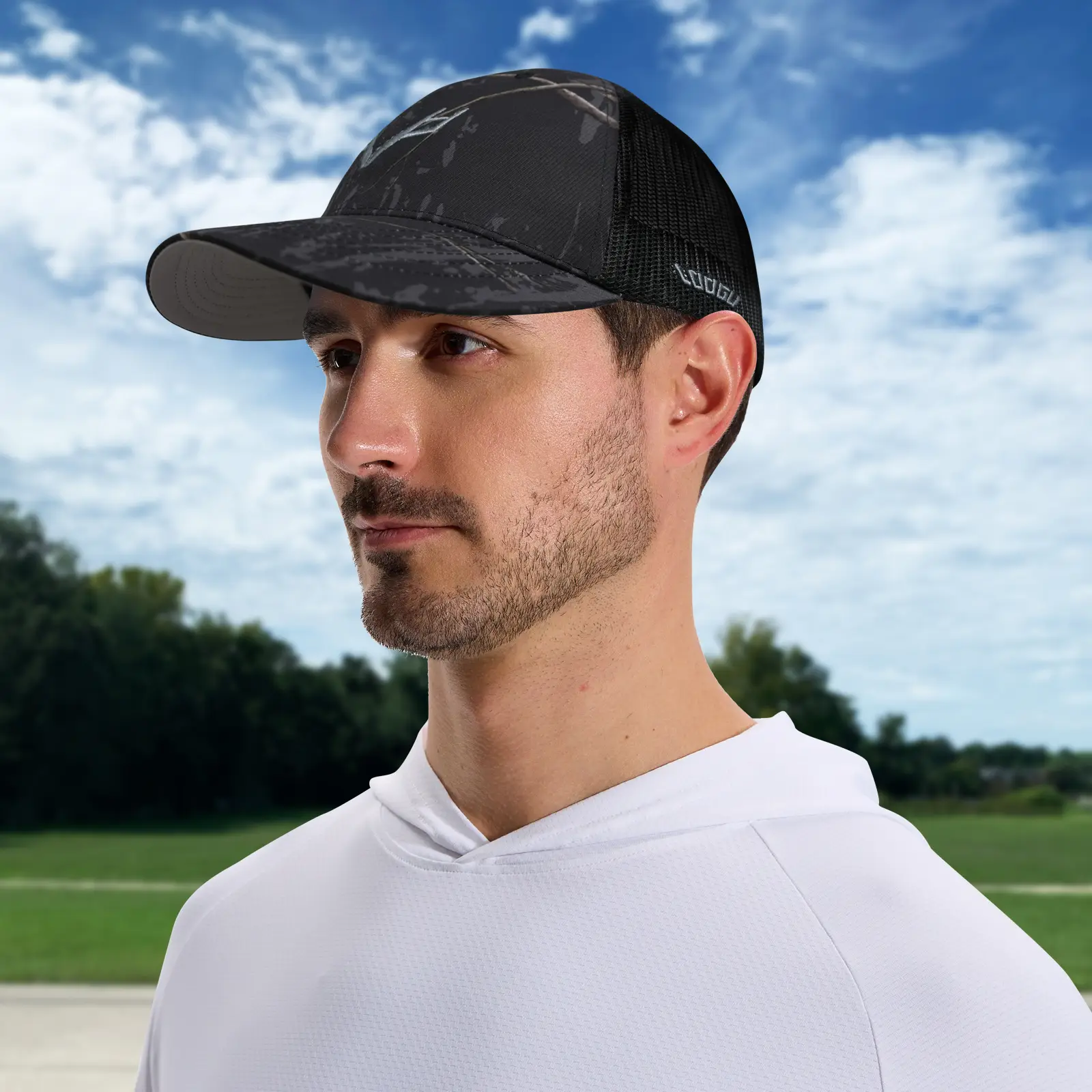 Camouflage V-Logo Baseball Cap with Pink Mesh Back