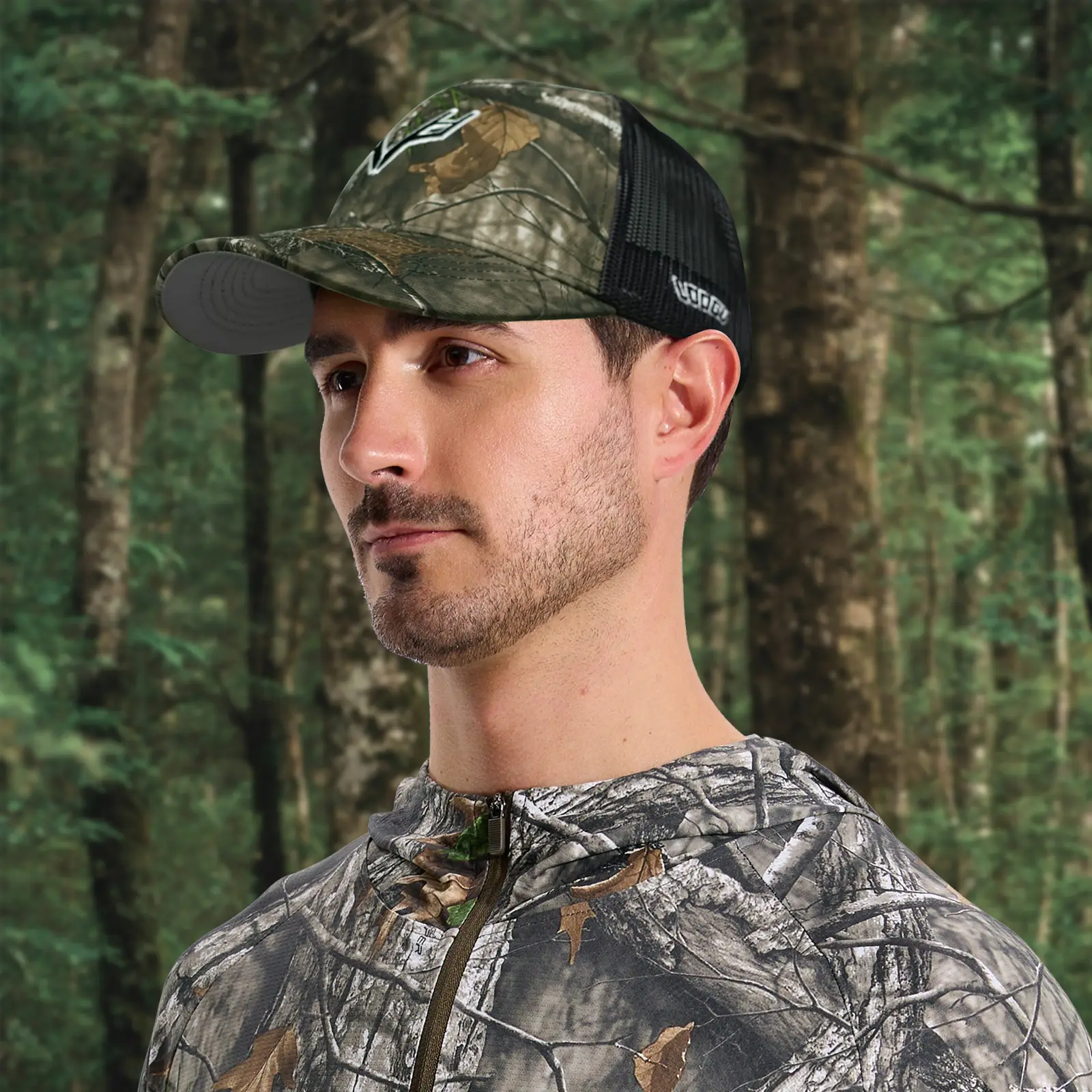 Camouflage V-Logo Baseball Cap with Pink Mesh Back — feature 1