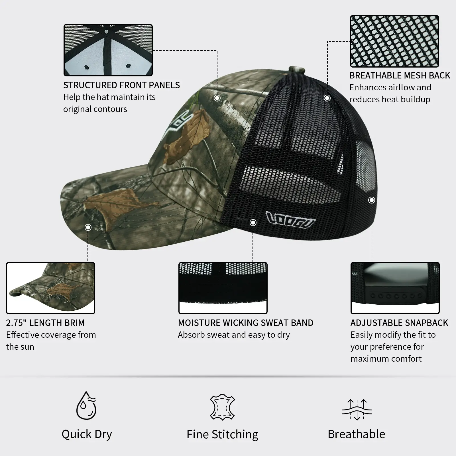 Camouflage V-Logo Baseball Cap with Pink Mesh Back — feature 7