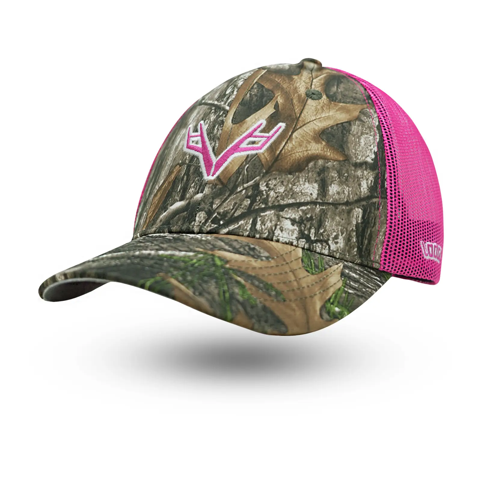 Camouflage V-Logo Baseball Cap with Pink Mesh Back