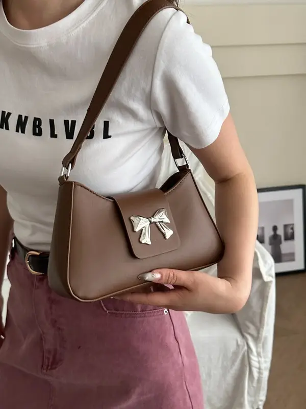 Women's Brown Textured Shoulder Bag with Bow Decor - Image 8