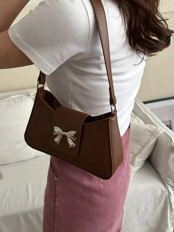 Women's Brown Textured Shoulder Bag with Bow Decor - Image 9