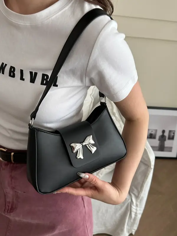 Women's Brown Textured Shoulder Bag with Bow Decor - Image 10