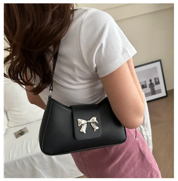 Women's Brown Textured Shoulder Bag with Bow Decor — feature 10