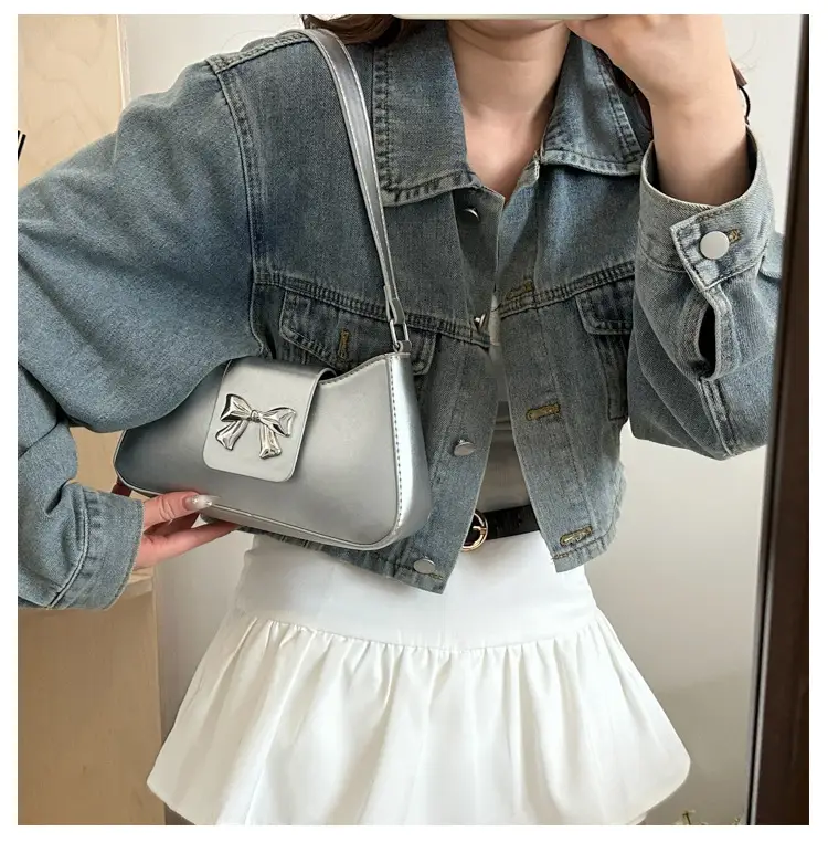 Women's Brown Textured Shoulder Bag with Bow Decor — feature 12
