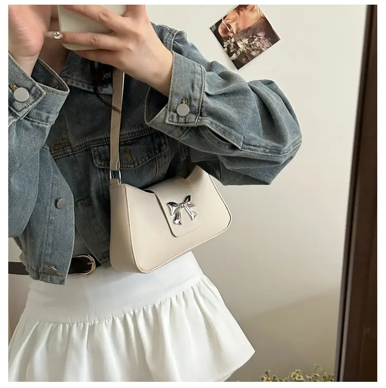 Women's Brown Textured Shoulder Bag with Bow Decor — feature 13