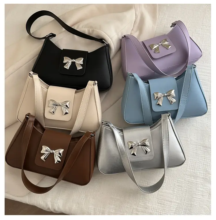 Women's Brown Textured Shoulder Bag with Bow Decor — feature 19
