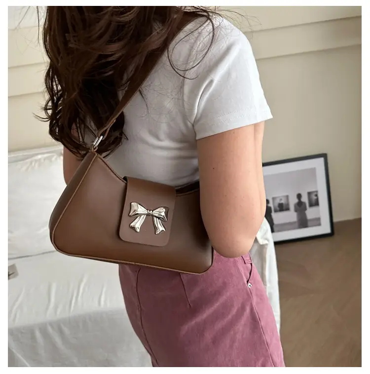 Women's Brown Textured Shoulder Bag with Bow Decor — feature 7