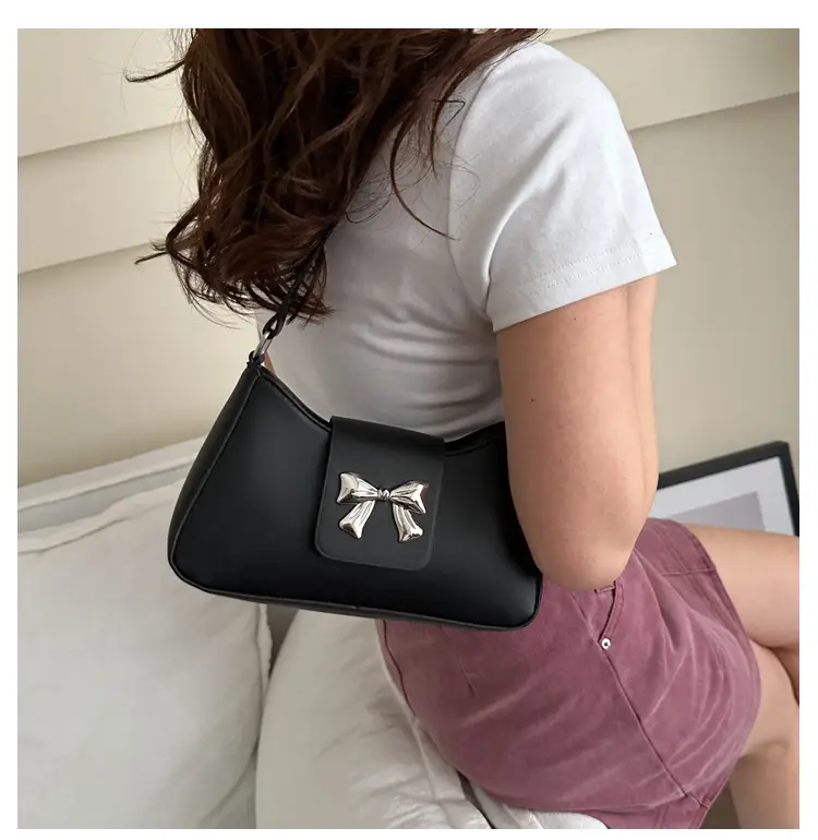 Women's Brown Textured Shoulder Bag with Bow Decor — feature 9
