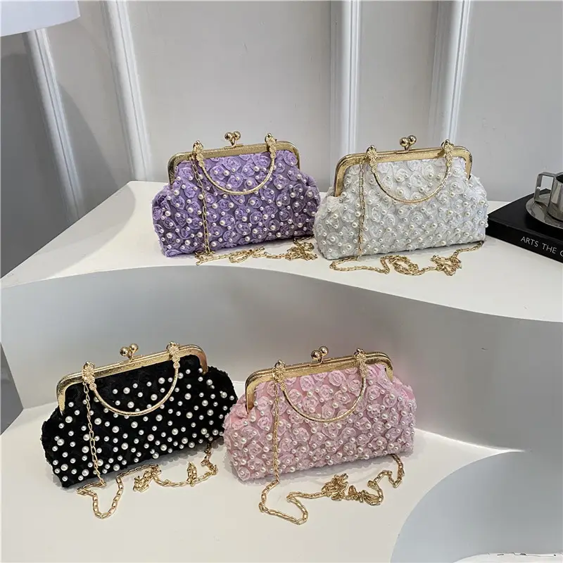 Retro Pearl Handheld Bag with Flower Beading & Chain