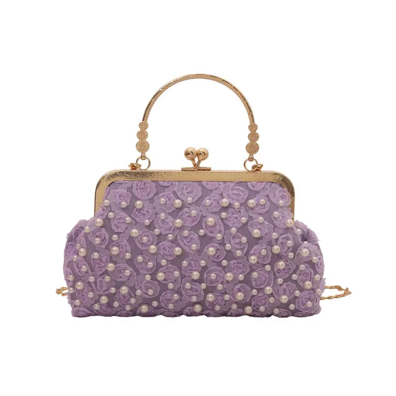 Retro Pearl Handheld Bag with Flower Beading & Chain
