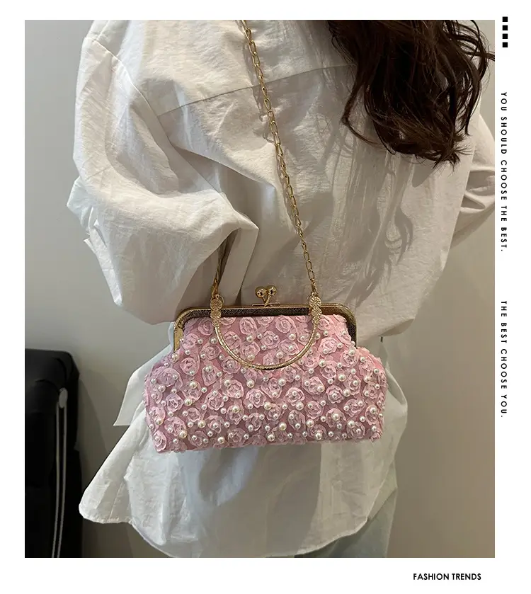 Retro Pearl Handheld Bag with Flower Beading & Chain — feature 1