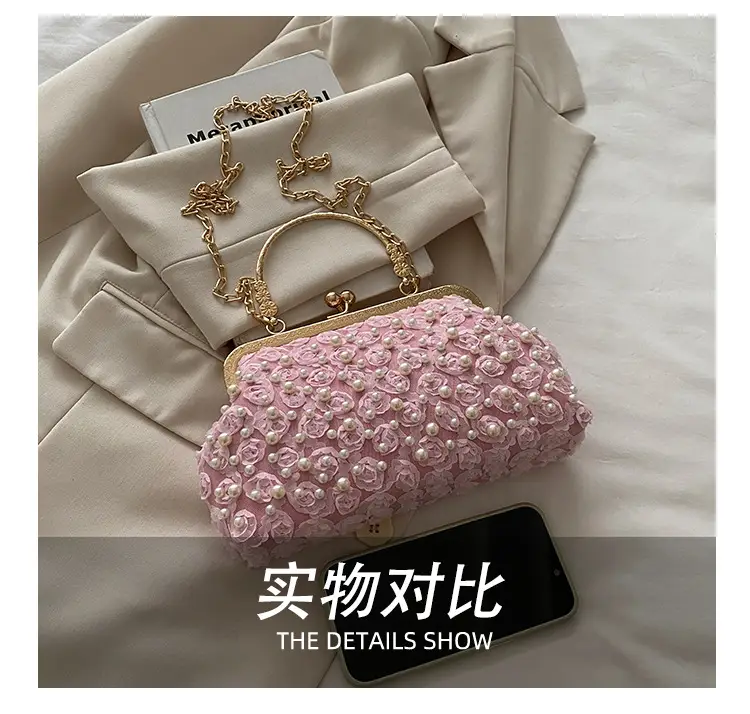 Retro Pearl Handheld Bag with Flower Beading & Chain — feature 10