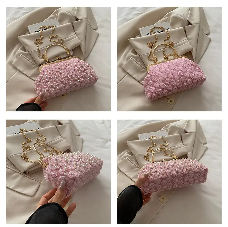 Retro Pearl Handheld Bag with Flower Beading & Chain — feature 11