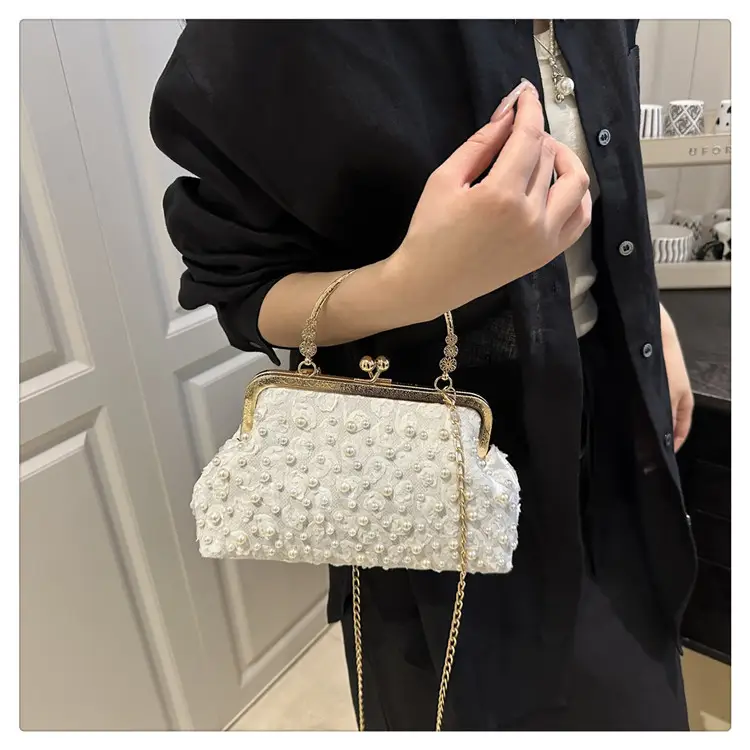 Retro Pearl Handheld Bag with Flower Beading & Chain — feature 14