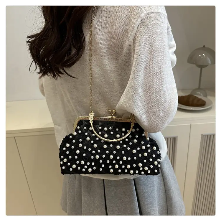 Retro Pearl Handheld Bag with Flower Beading & Chain — feature 19