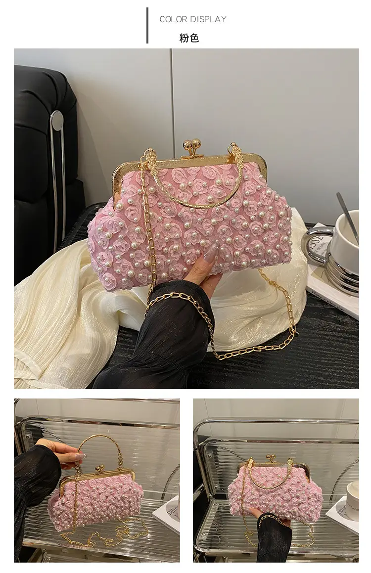 Retro Pearl Handheld Bag with Flower Beading & Chain — feature 23