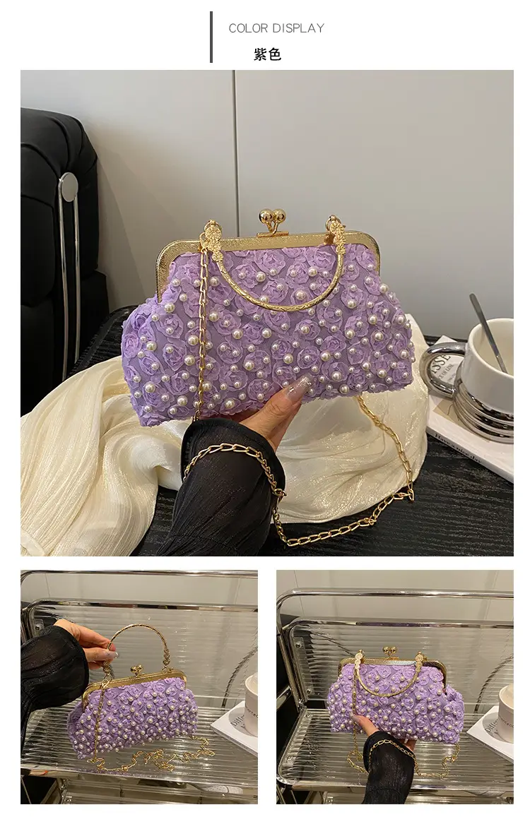 Retro Pearl Handheld Bag with Flower Beading & Chain — feature 24