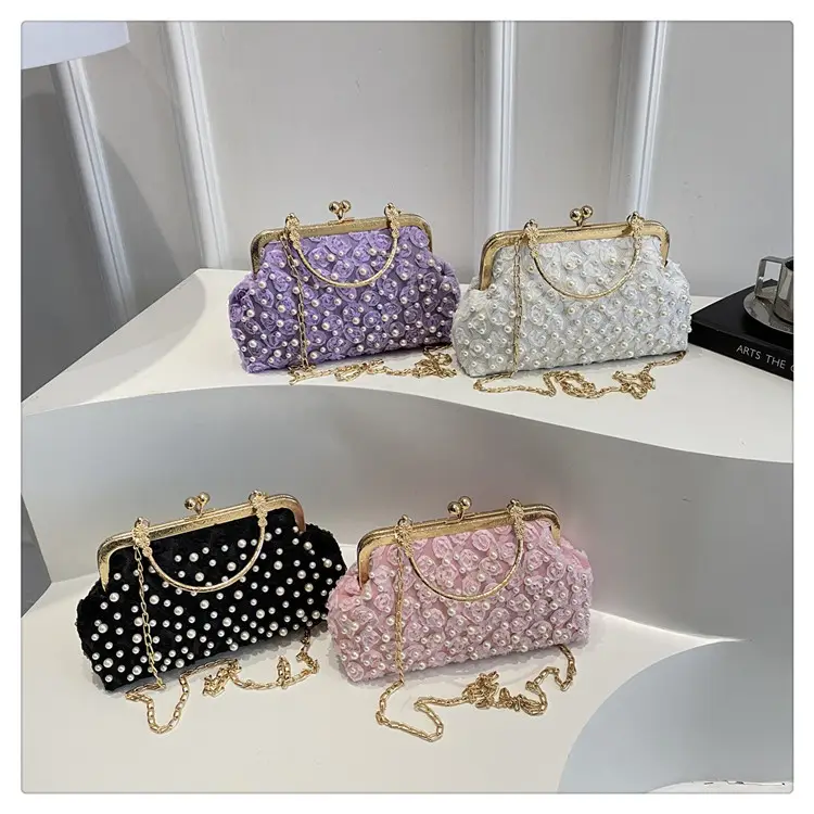 Retro Pearl Handheld Bag with Flower Beading & Chain — feature 25