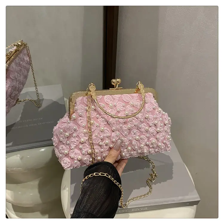 Retro Pearl Handheld Bag with Flower Beading & Chain