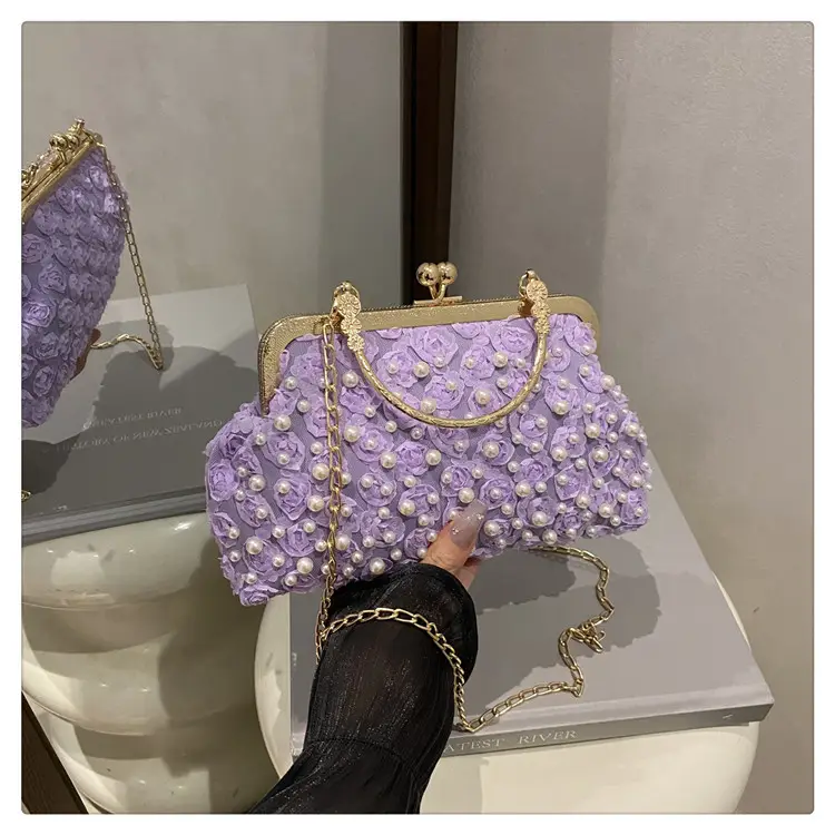 Retro Pearl Handheld Bag with Flower Beading & Chain