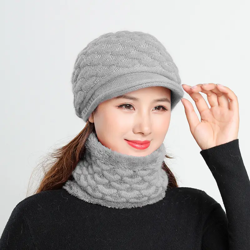 New Women's Knitted Peaked Cap with Velvet Scarf - Image 2