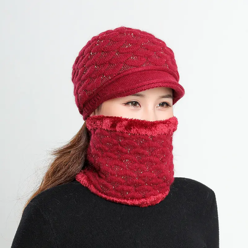 New Women's Knitted Peaked Cap with Velvet Scarf - Image 3