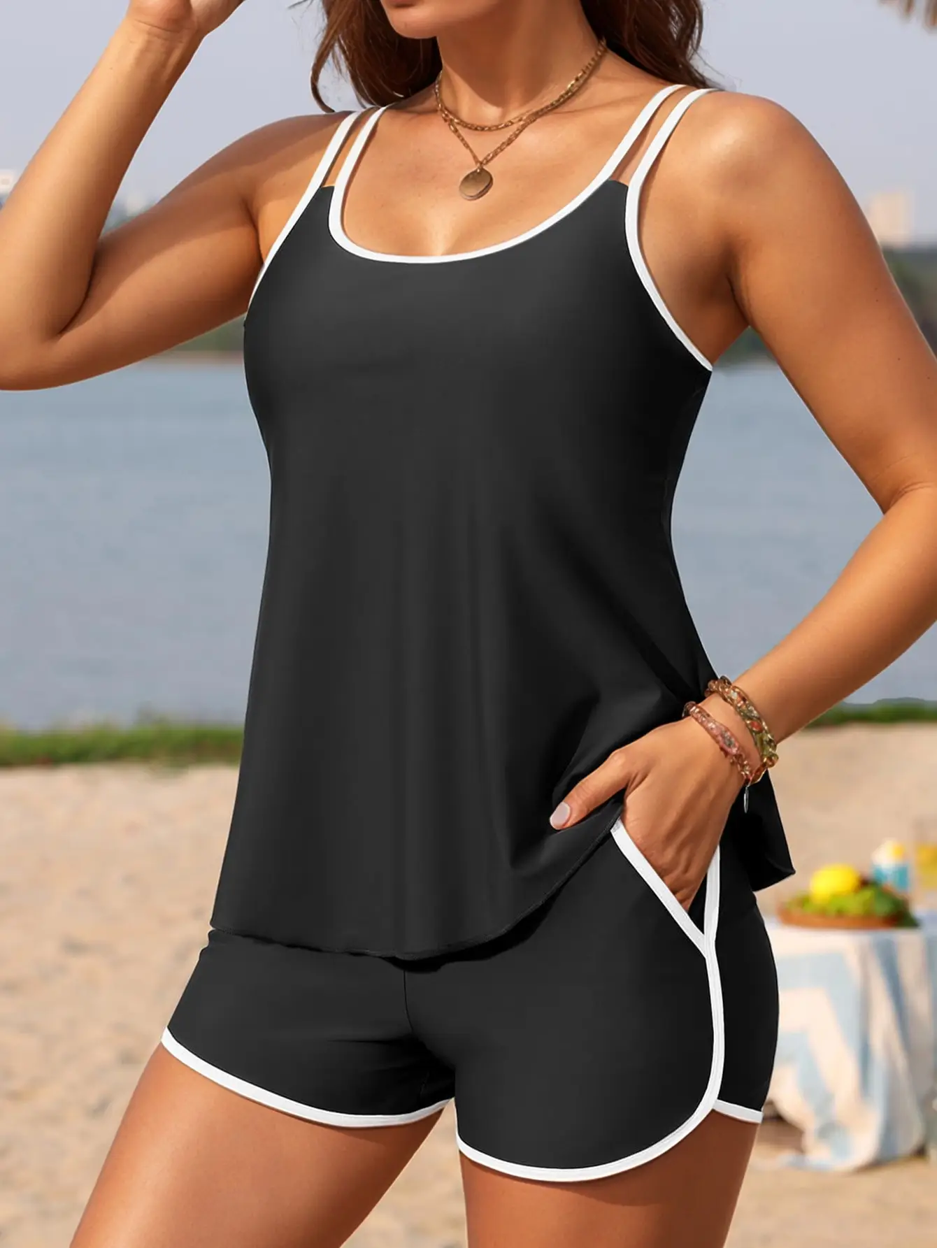Black & White Cross-Border Tank & Shorts Set for Women - Image 3