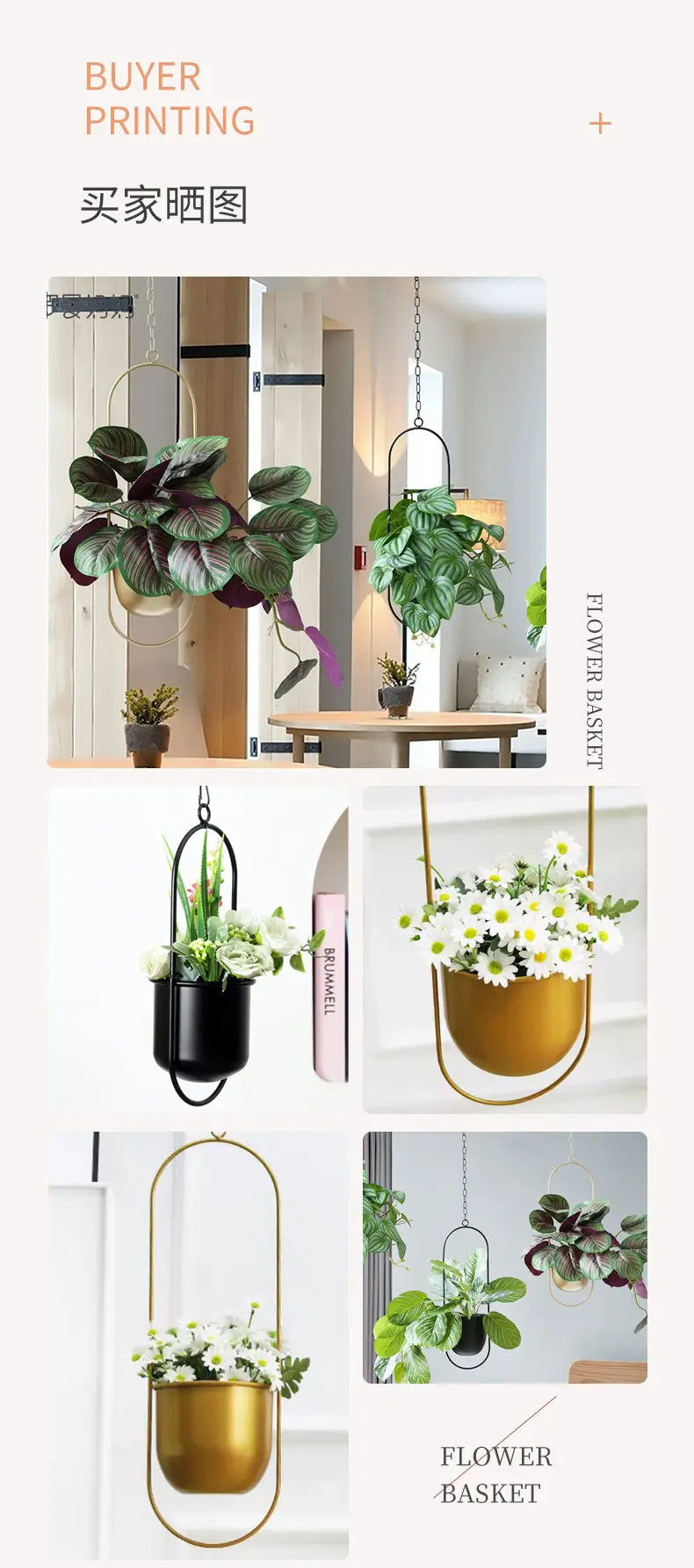 Cross-Border American-Style Golden Iron Hanging Basket Home Balcony Creative Hanging Pot for Green Plants and Succulents Hanging Pot Flower Pot — feature 6