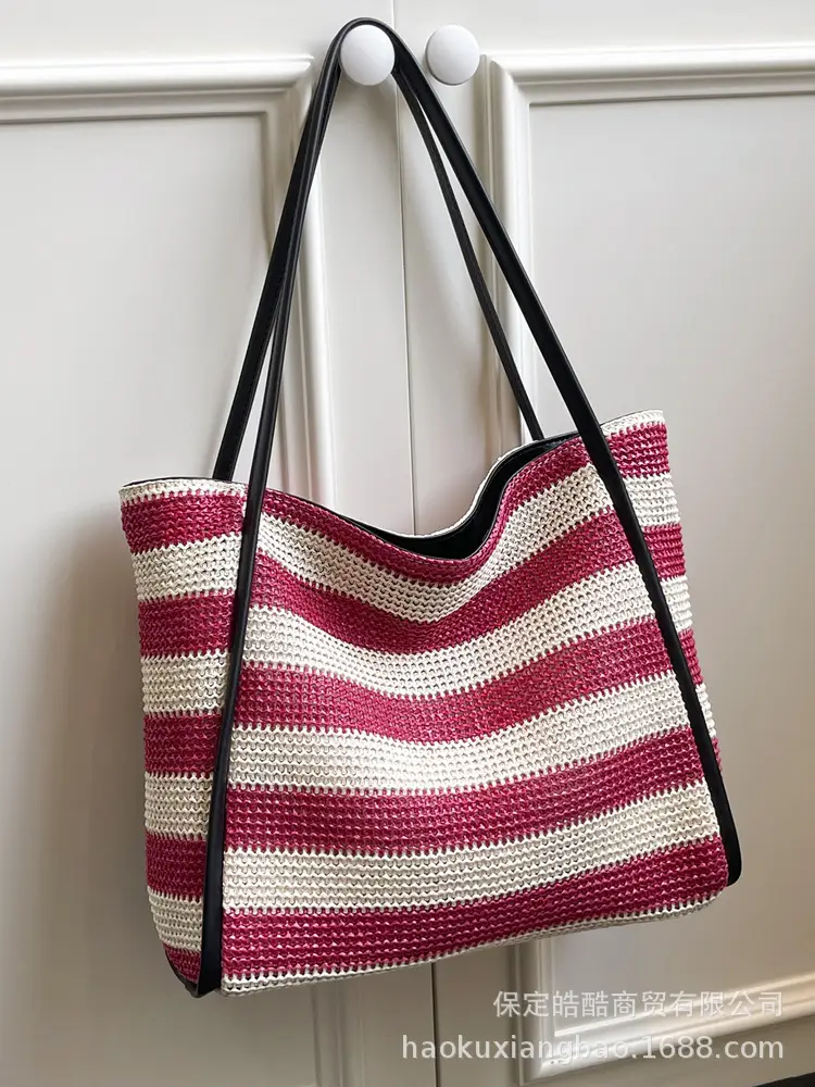 Straw Beach Bag Black White Large Capacity Women - Image 2