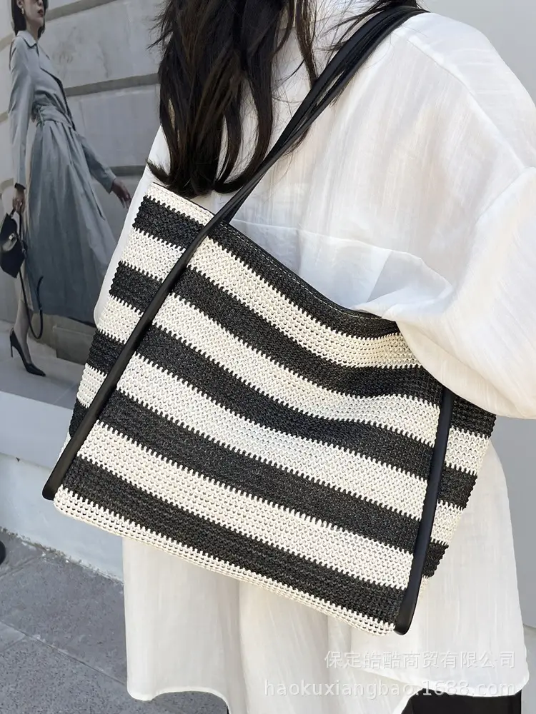 Straw Beach Bag Black White Large Capacity Women - Image 3