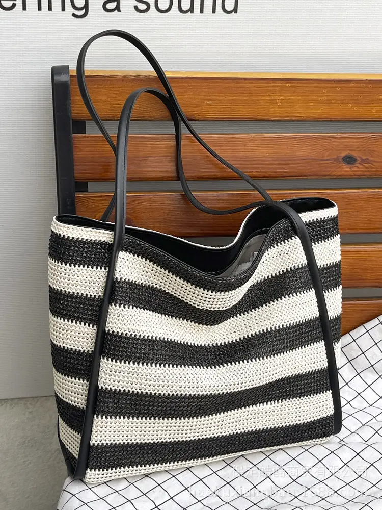 Straw Beach Bag Black White Large Capacity Women - Image 4