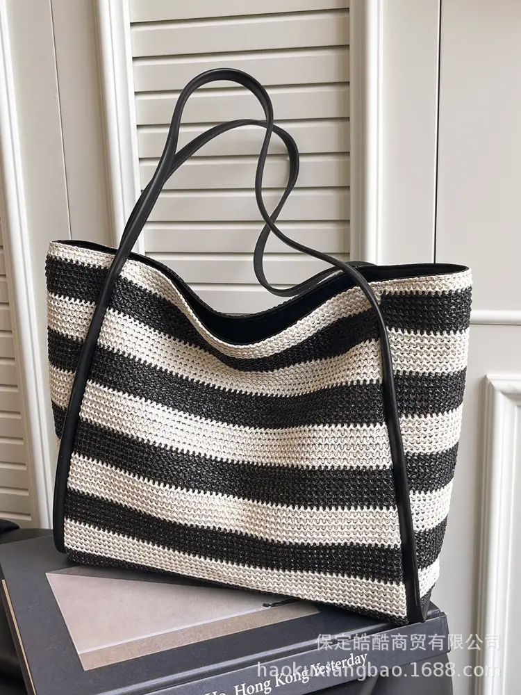 Straw Beach Bag Black White Large Capacity Women - Image 5