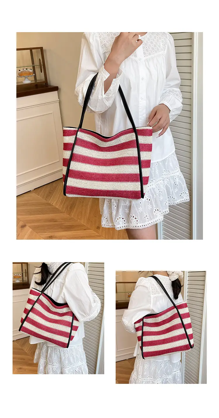 Straw Beach Bag Black White Large Capacity Women — feature 10