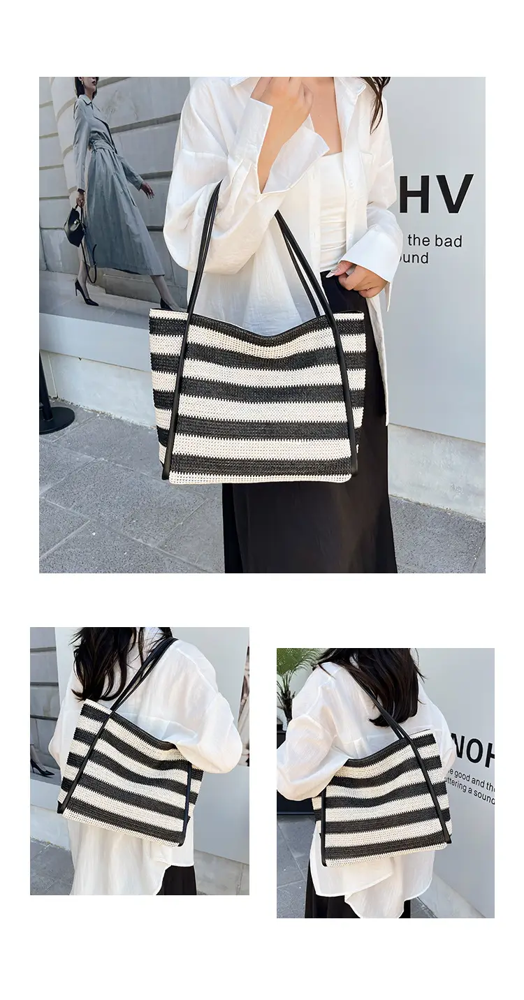 Straw Beach Bag Black White Large Capacity Women — feature 11