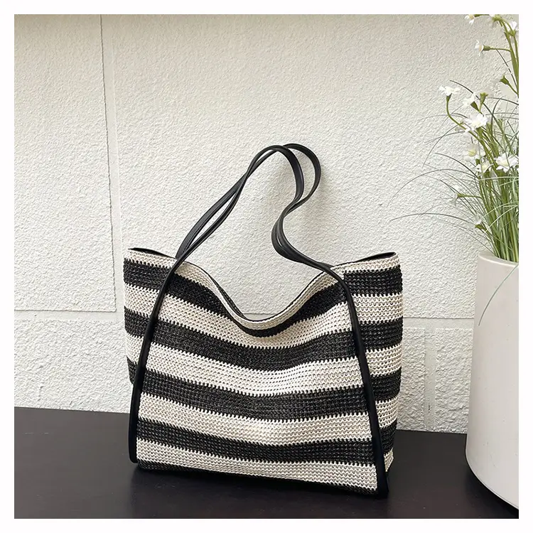 Straw Beach Bag Black White Large Capacity Women — feature 12