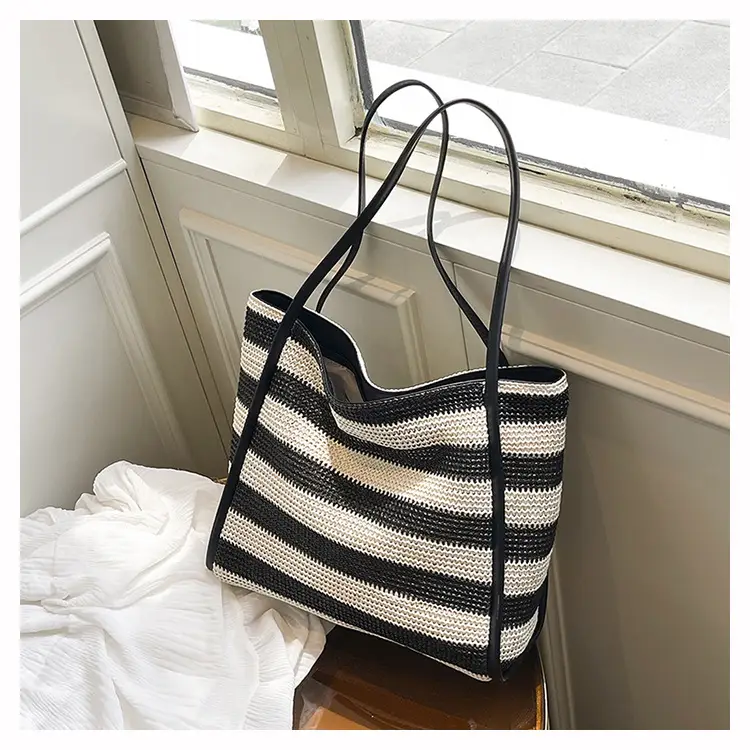 Straw Beach Bag Black White Large Capacity Women — feature 13