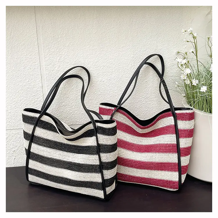 Straw Beach Bag Black White Large Capacity Women — feature 14
